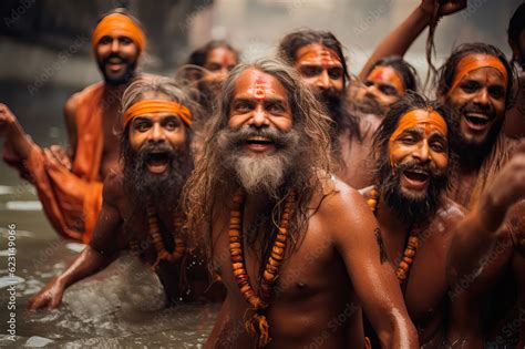 Group of Indian men in the Ganges river doing the ritual of the sacred ...