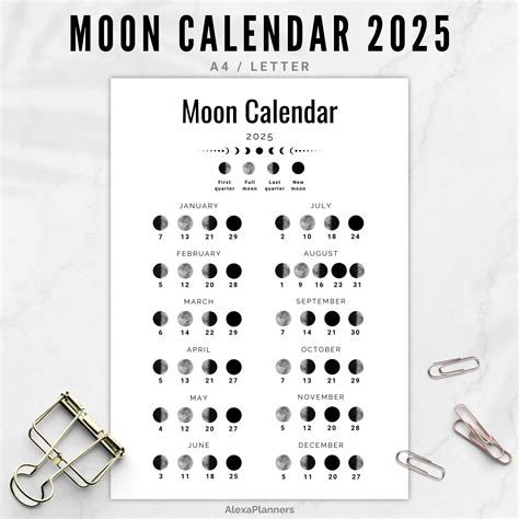 Moon Phase Calendar 2025, A4 / LETTER Size Lunar Calendar - Etsy