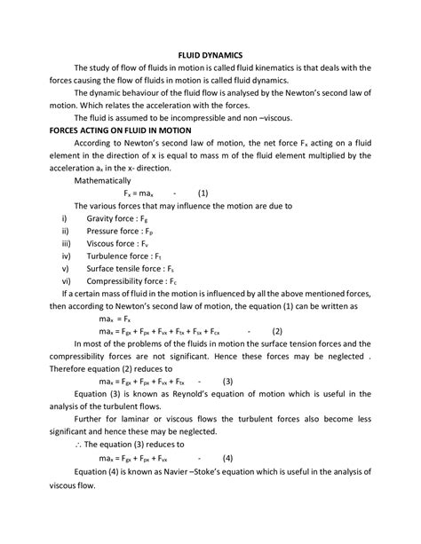 FLUID DYNAMICS The study of flow of fluids in motion ... | Exercises ...