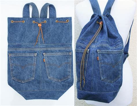 Denim Backpack Upcycled Blue Jeans Drawstring Bucket Bag Vintage Boho