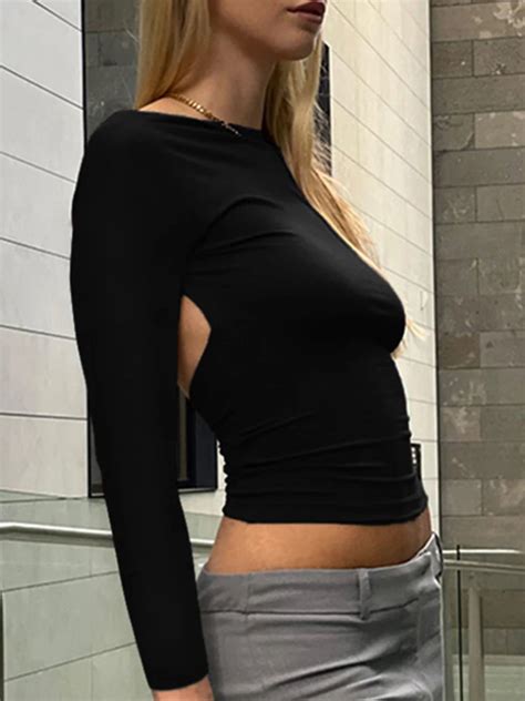 Backless Sexy Czarne T Shirty Damskie Jesienne D Ugie R Kawy Kr Tki Top