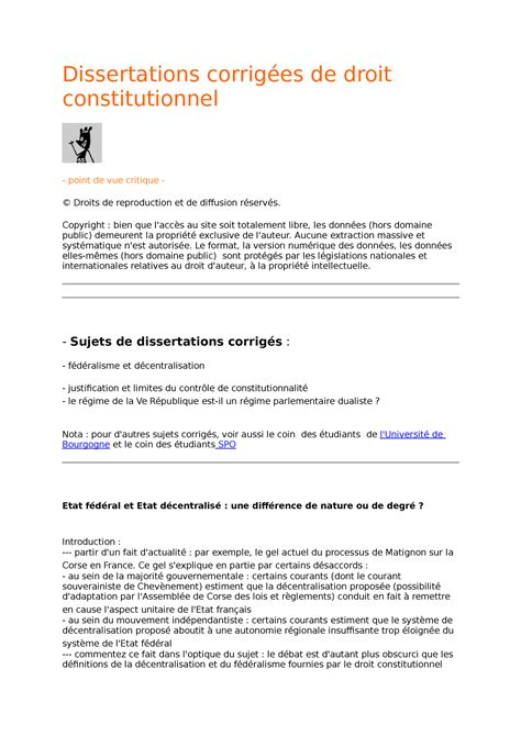 droit constitutionnel aide dissertation Dissertations corrigées de