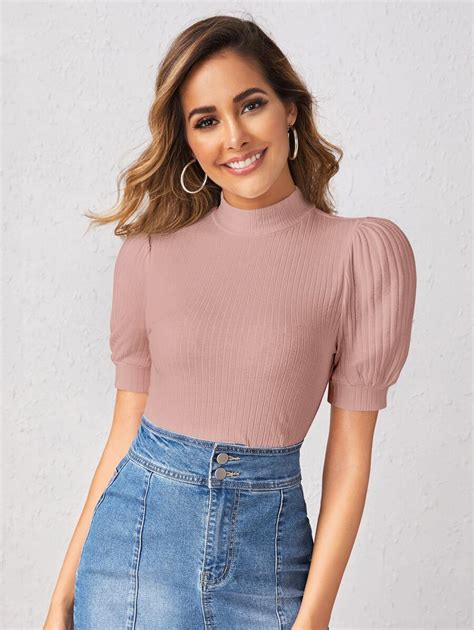 SHEIN Privé Mock neck Puff Sleeve Rib knit Top SHEIN USA