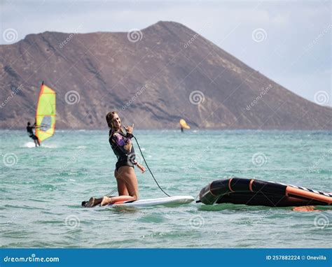 Happy Surfer Woman Doing The Shaka Stock Photo Image Of Hydrofoil