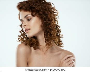 Nude Shoulders Beautiful Woman Curly Hair Stock Photo