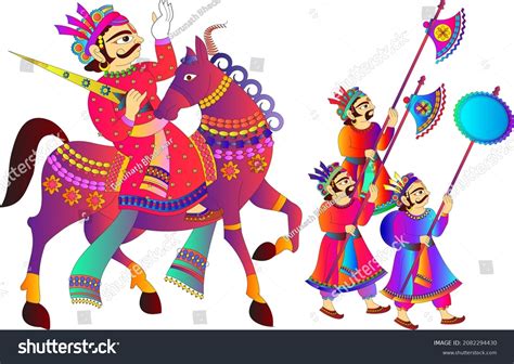 Traditional Indian Rajasthani Wall Painting Worrier Stock Vector Royalty Free 2082294430