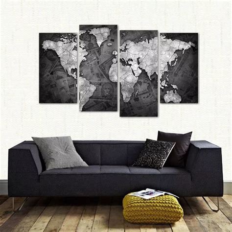 Quadro Decorativo Mapa Mundi Preto E Branco Tecido 4 Peças 1