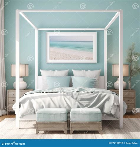 Coastal Bedroom with White Canopy Bed and Vertical Frame Mockup Stock ...