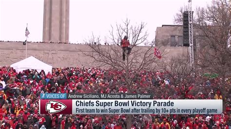 Fan Watches Chiefs' Super Bowl LIV Victory Parade from a Tree