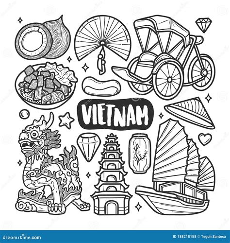 Vietnam Icons Hand Drawn Doodle Coloring Vector Stock Vector