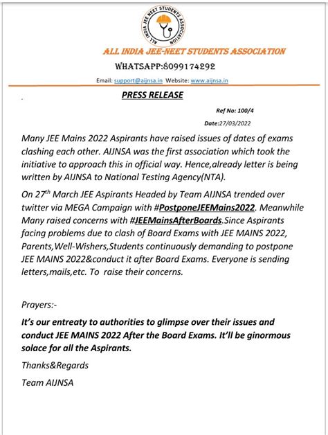 AIJNSA On Twitter PRESS RELEASE Today JEE MAINS 2022 ASPIRANTS