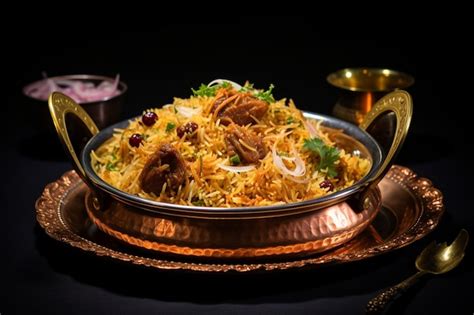 Premium Photo Mutton Biryani Served In A Golden Dish Isolated On Dark