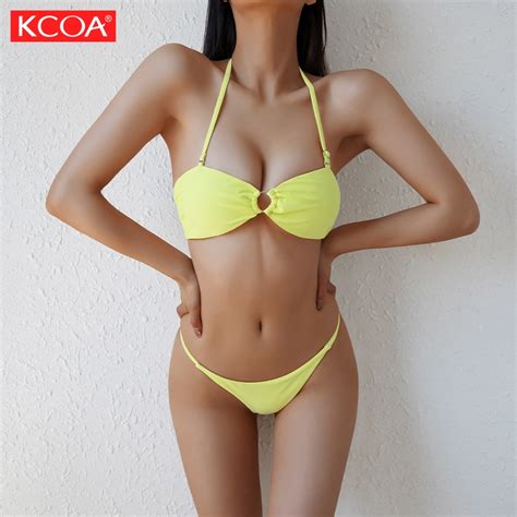 Oem Factory Fashion Custom Logo Neon Yellow Women Neck Bikini Swimwear And Swimming Suit Price
