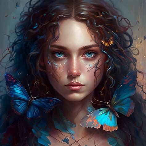 Premium AI Image A Girl With Blue Eyes And Butterflies On Her Face