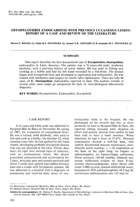 Pdf Erysipelothrix Endocarditis With Previous Cutaneous Lesion