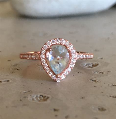 Rose Gold Aquamarine Engagement Ring Pear Shape Halo Promise