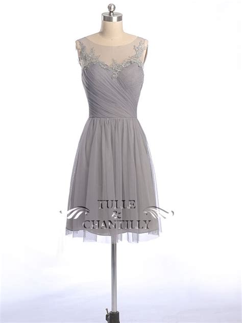 Illusion Boat Neck Lace And Tulle Gray Bridesmaid Dresses Grey