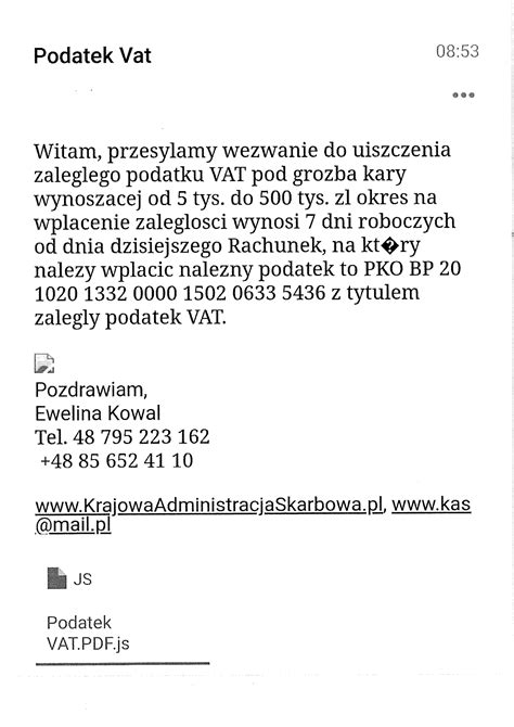 Urząd Skarbowy ostrzega Uwaga na fałszywe maile z wezwaniem do zapłaty