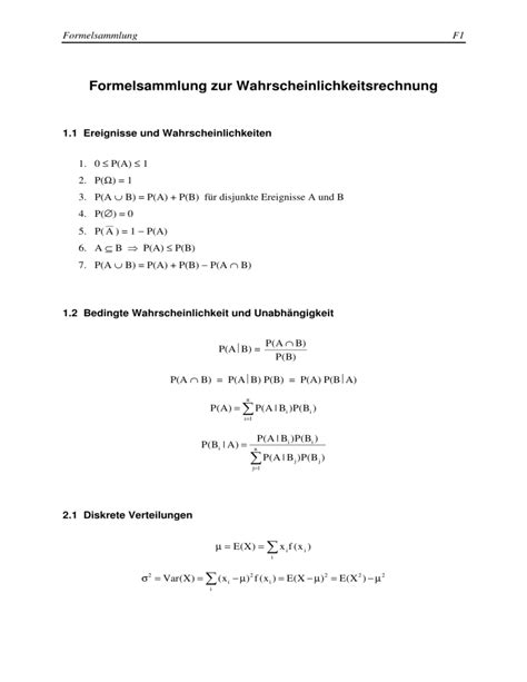 Formelsammlung Zur Wahrscheinlichkeitsrechnung