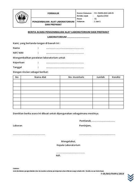 Formulir Pengembalian Alat Pdf