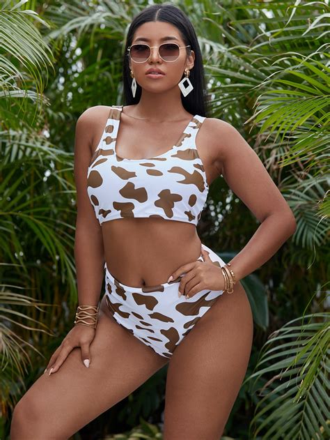 Plus Cow Print High Waisted Bikini Swimsuit Shein Usa