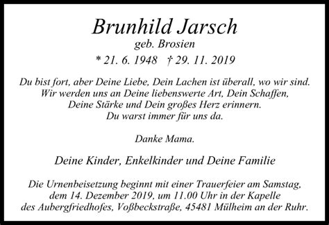 Traueranzeigen Von Brunhild Jarsch Trauer In Nrw De