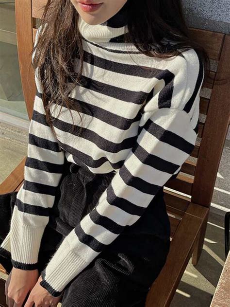 Dazy Striped Pattern Turtle Neck Drop Shoulder Sweater Shein Usa