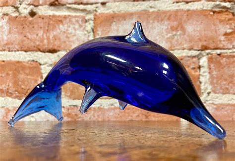 Vintage Cobalt Blue Glass Dolphin Figurine Handmade Blown Etsy