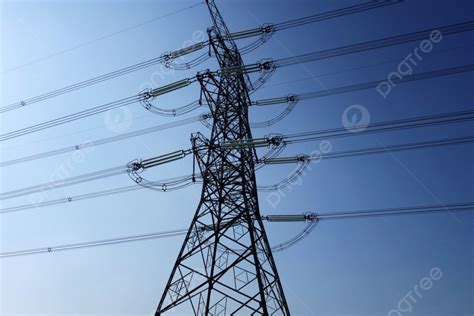 Electrical Poles Of High Voltage In Blue Sky Photo Background And