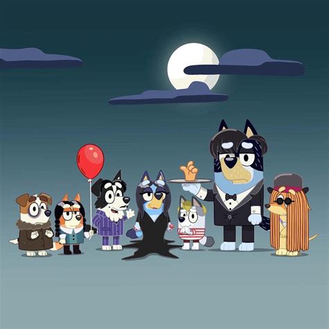 a group of cartoon dogs standing next to each other in front of a full moon