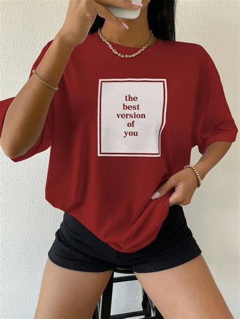 Camiseta De Hombros Caídos Con Estampado De Slogan Moda De Mujer