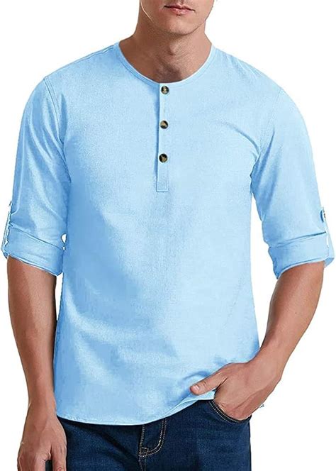 Ebinfin Mens Short Sleeve Henley Shirts Vintage Loose Fit Cotton Henleys Tops Blue Amazonca