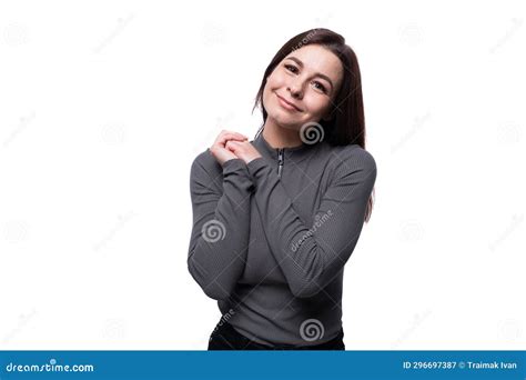 25 Year Old Woman With Black Hair Smiling On White Background With Copy