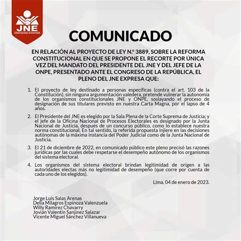 Jne Emite Comunicado Sobre Proyecto Que Plantea Acortar Mandato De Los