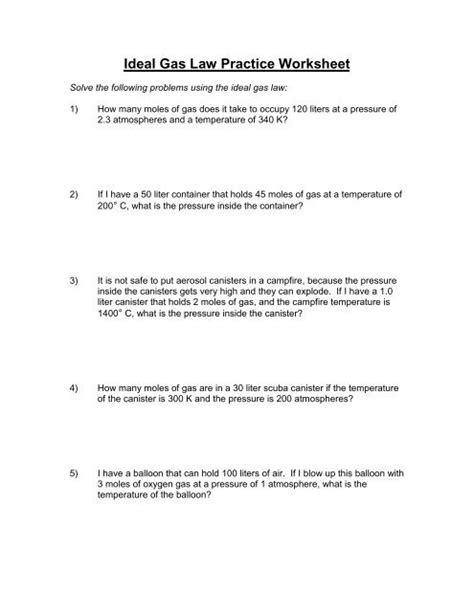 Chemistry Ideal Gas Law Worksheet