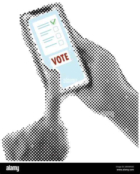 Halftone Collage Hands Holding Smartphone With Vote Button On Display