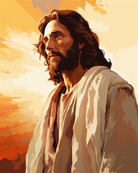 Premium AI Image A Painting Of Jesus Standing In Front Of A Sunset