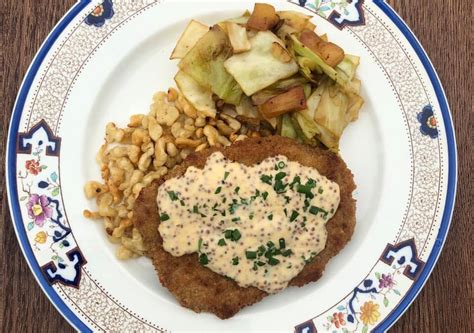 Pork Schnitzel with Mustard Cream Spätzle and Cabbage Apples