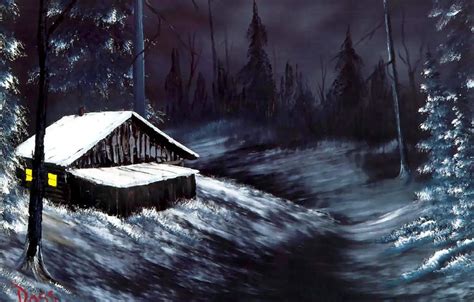 Wallpaper winter, forest, light, snow, landscape, night, house, fire, Windows, hut, picture ...