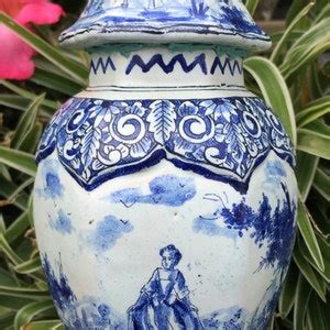 S Antique Old Delft Ginger Jar Vase Delfts Blauw Deksel Vaas