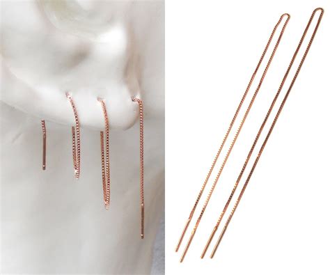 Extra Long Multiple Piercing Threader Earrings In Rose Gold Vermeil