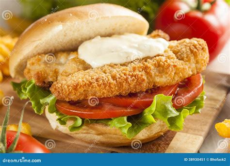 Breaded Fish Sandwich with Tartar Sauce Stock Image - Image of ...