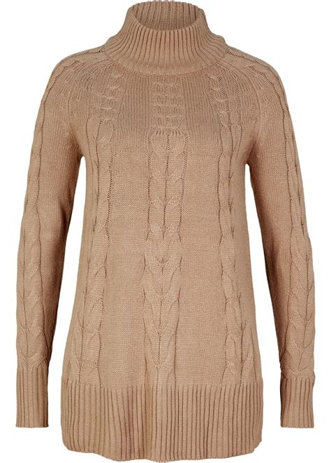 Rollkragenpullover Mit Zopfmuster Gr 36 38 Mandelbeige Damen Pullover