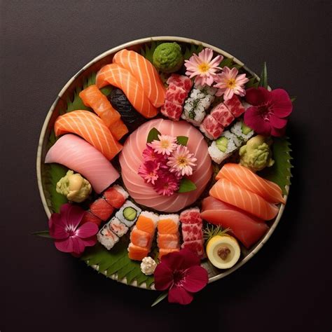 Premium Ai Image Photo A Plate Of Sushi And Sushi With Flowers And