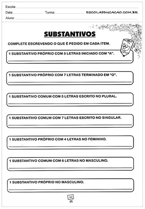 Atividades Substantivos Complete Escrevendo Escola Educa O