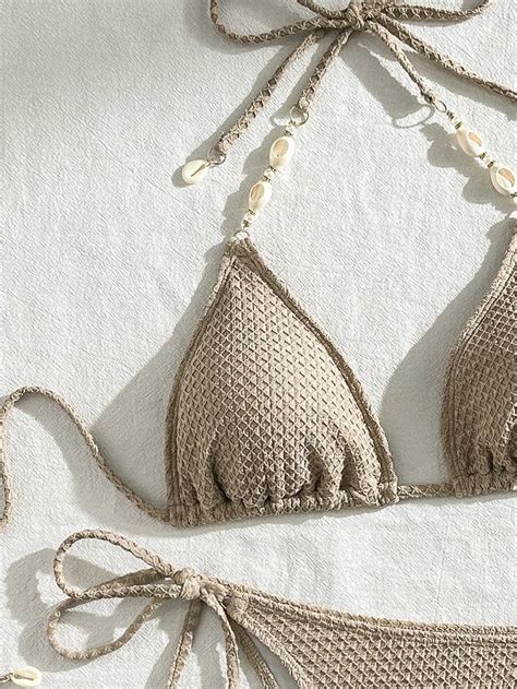 Women S Summer Beach Solid Color Halter Neck Tie Sexy Bikini Set SHEIN USA