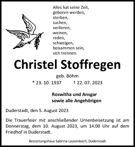 Traueranzeigen Von Christel Stoffregen Trauer Anzeigen De