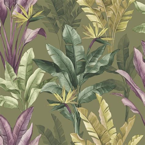 Rasch Akari Madagascar Palm Leaf Wallpaper Olive Green Purple 282886