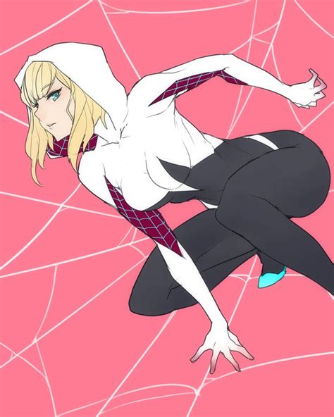 Ban Blonde Hair Bodysuit Green Eyes Gwen Stacy Highres Hood Marvel Spider Man Series 1436158