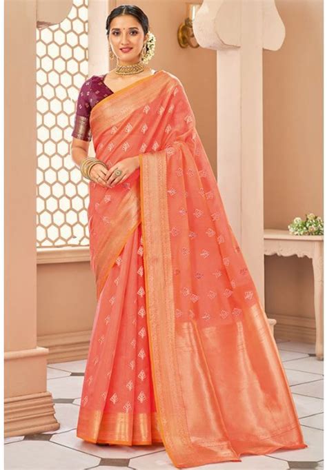 Coral Peach Silk Saree With Contrast Blouse